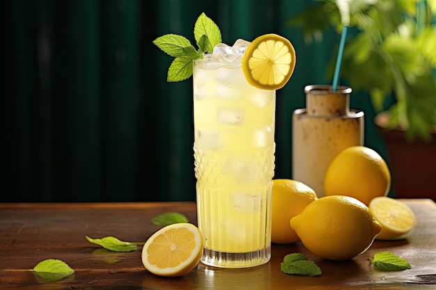 Limonada com limões frescos e menta em uma mesa de madeira Apagar sua sede com um revitalizante refrescante de gelo de limão uma bebida de verão perfeita em um copo alto com água gaseificada e gelo AI gerado