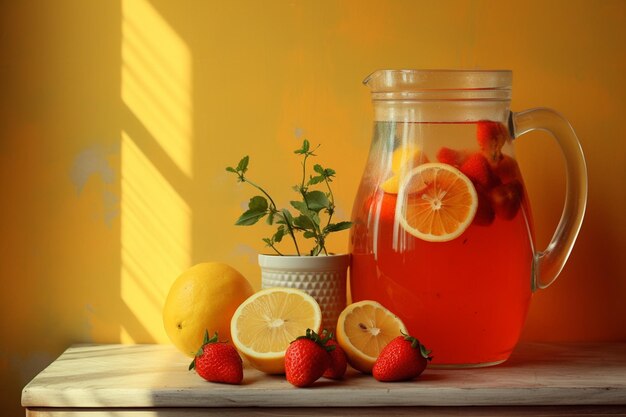 Limonada com morangos em jarra e vidro sobre fundo de madeira e amarelo