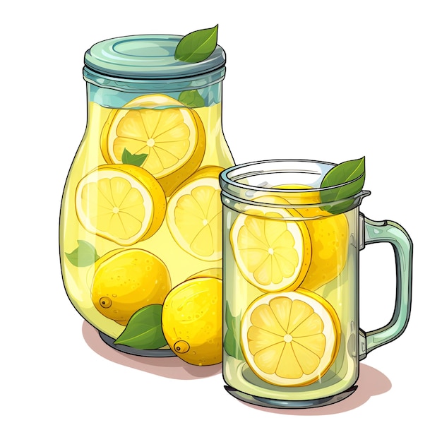 Limonada de desenho animado em jarra e vidro em fundo branco