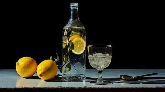 limonada de laranja fresca com limão em copo na mesa preta