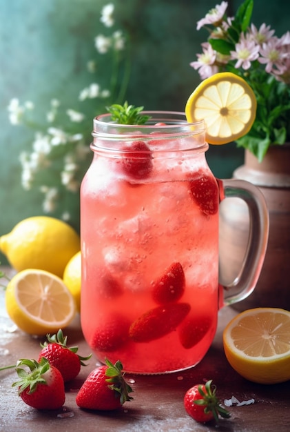 Foto limonada de morango de verão sobre fundo claro mojito de morango com frutas e hortelã