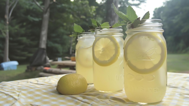 Limonada de verão refrescante em frascos de pedreiro com cunha de limão e hortelã em uma toalha de mesa amarela a xadrez com uma cesta de piquenique e árvores ao fundo