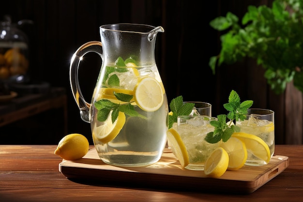 Foto limonada en un dispensador de vidrio con rebanadas de limón y lima