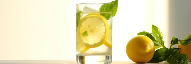 Limonada em um copo com limões frescos e hortelã Bebida de verão fria com espaço de cópia IA geradora