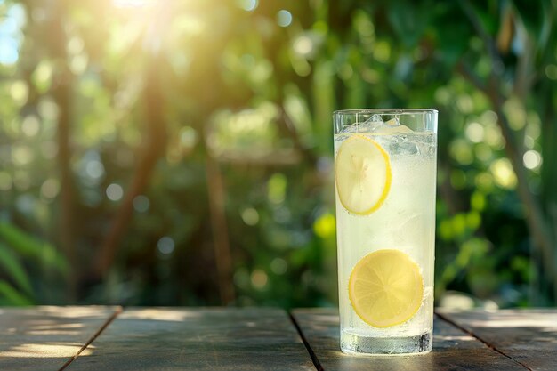 Limonada em um copo em uma mesa de madeira contra um fundo de árvores verdes