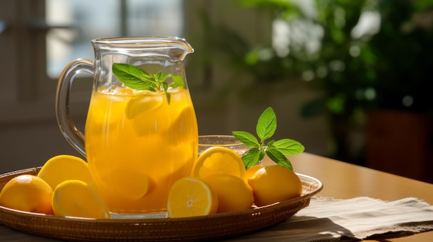 Limonada em uma jarra de vidro em uma mesa na varanda cercada por limões maduros luz solar brilhante