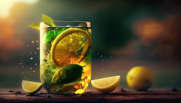 Limonada em vidro com respingo na mesa de madeira e fundo desfocado verde Bebida refrescante de verão Generative ai