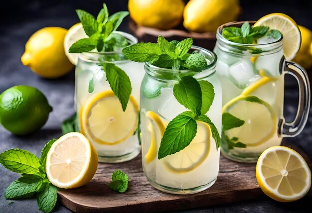 limonada en un frasco con hojas de menta y hojas de tinta