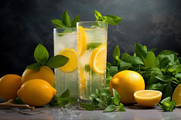 Foto limonada fresca en composición con fondo naranja y gris limón mocap luz dura