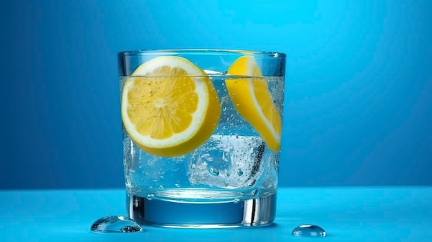Limonada fresca fresca dentro de um copo pequeno com gelo no fundo azul água suco frio coquetel cor AI Generative