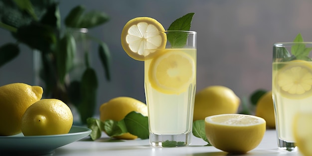 Limonada fresca fresca e frutas de limão em fundo escuro AI gerado