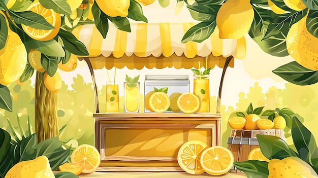 Limonada fresca sob a árvore de limão com limões no balcão e no barril de madeira Há fatias de limão na mesa