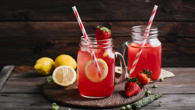 Foto limonada fría casera de fresa y agua con gas en un frasco rústico con paja rayada es