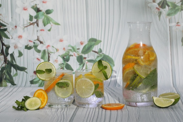 limonada fría de cítricos con hielo, limón, menta, lima y naranja