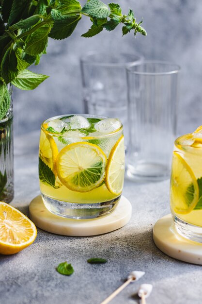 Limonada fría con hielo, limón y menta