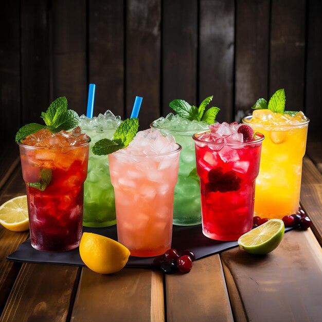 Limonada de frutas con bayas y hielo sobre fondo de madera