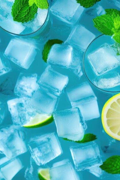 limonada helada hielo menta hojas agua chapoteo fresco azul fondo detalle cinemático