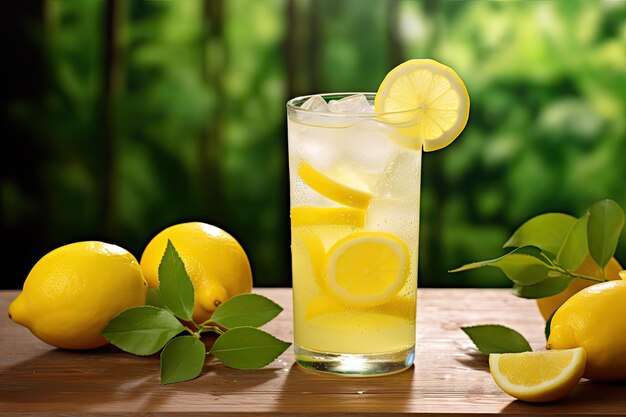 Foto limonada con hielo y rebanadas de limón en una mesa de madera sobre un fondo natural apaga tu sed con un revitalizador refrescante de hielo de limón una bebida de verano perfecta en un vaso alto generado por ia