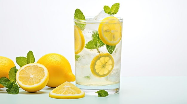 limonada con hojas de menta y hojas de menta en un vaso de agua.