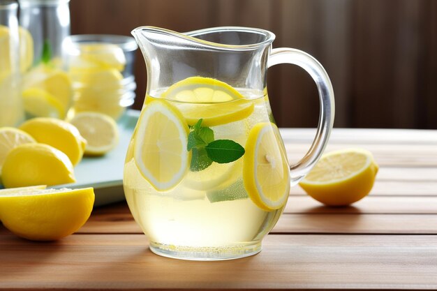 Foto limonada en una jarra de vidrio con una cuña de limón en el pico