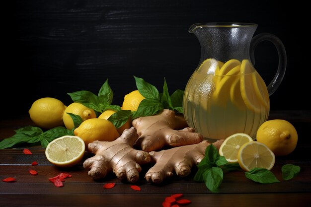 Una limonada de jengibre caliente en una cocina rústica con jengibre fresco y rebanadas de limón en el lado