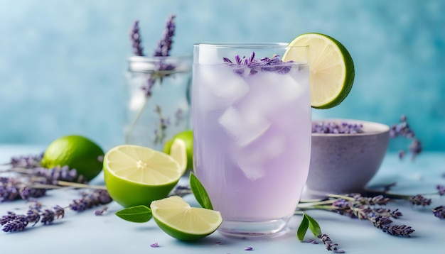 limonada de lavanda con rebanadas de lima y flor de lavanda en la mesa de fondo azul claro pastel