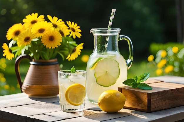 Limonada y limones en una mesa de picnic