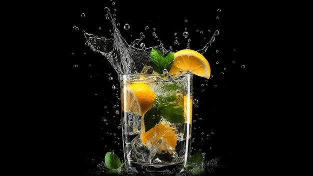 Limonada ou mojito com cubos de gelo fatias de laranja e folhas de hortelã em backgroundgenerative ai preto