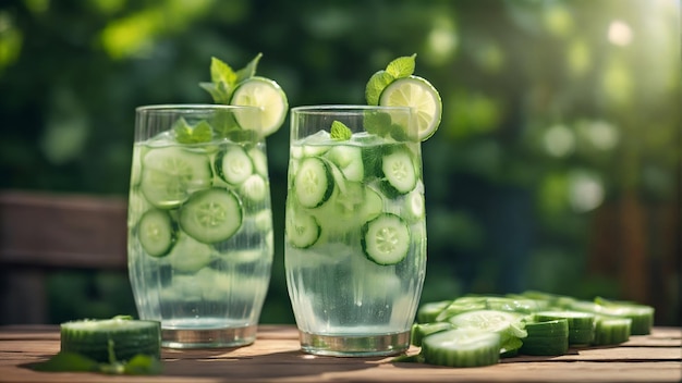 Limonada de pepino refrescante bebida agua vaso de cóctel frío en el jardín de verano