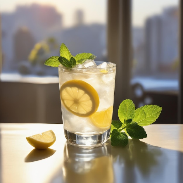 Foto limonada refrescante caseira com fatia de limão e folhas de menta em um copo com cubos de gelo