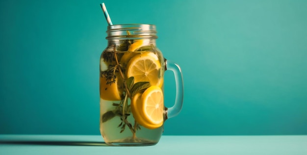 Limonada refrescante com palha e ervas em um frasco de pedreiro em um fundo azul