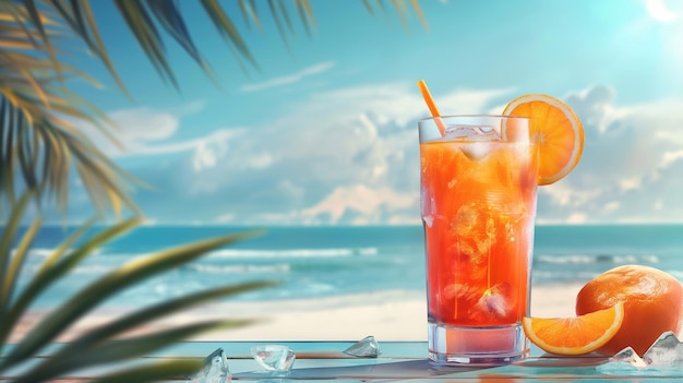 Foto limonada refrescante frutal con naranjas se encuentra en el mostrador de la barra en frente al océano en un día soleado