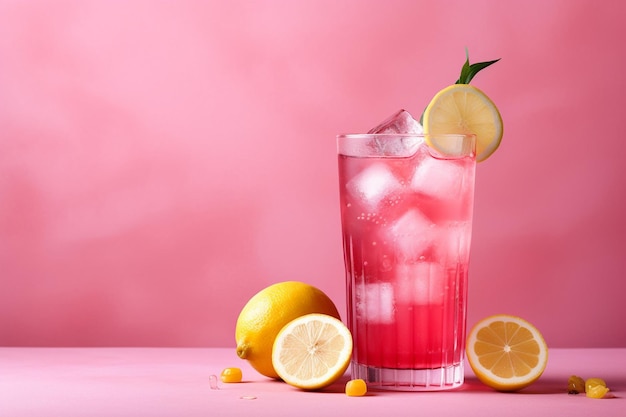 Foto limonada rosa con cubitos de hielo en un vaso