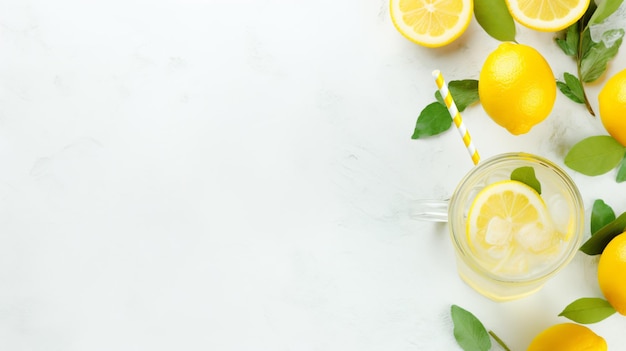 Limonada en vaso en la mesa blanca Bebida fría de verano