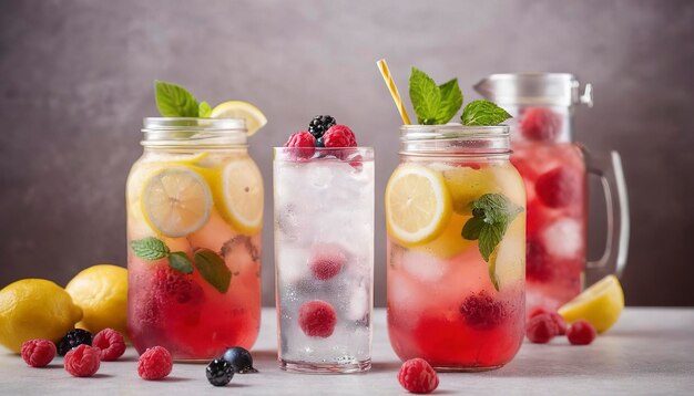 Limonadas caseras de frambuesa y limón servidas con diferentes bayas limones de menta y agua gaseosa decorada con hielo