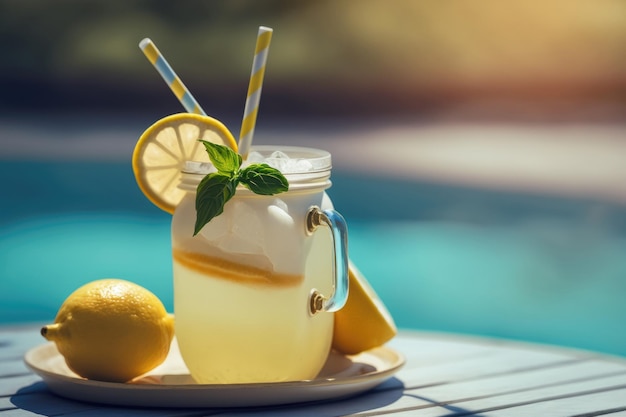 Limonade auf Poolhintergrund Illustration Generative AI