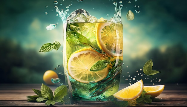 Limonade im Glas mit Splash auf Holztisch und grün verschwommenem Hintergrund Sommererfrischungsgetränk Generatives ai