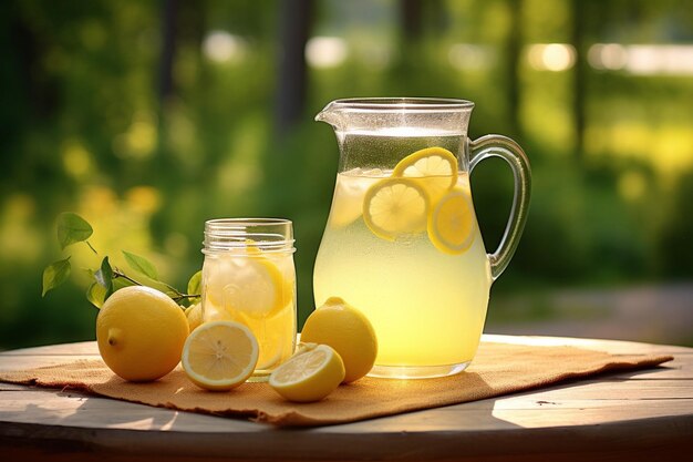 Foto limonade in einem glas dispenser mit zitronen- und limettenschnitten