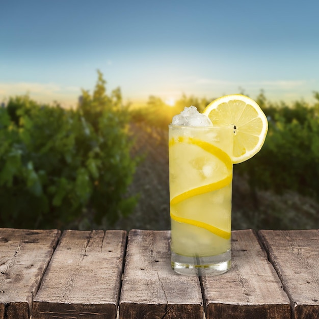 Limonade mit frischer Zitrone im Hintergrund