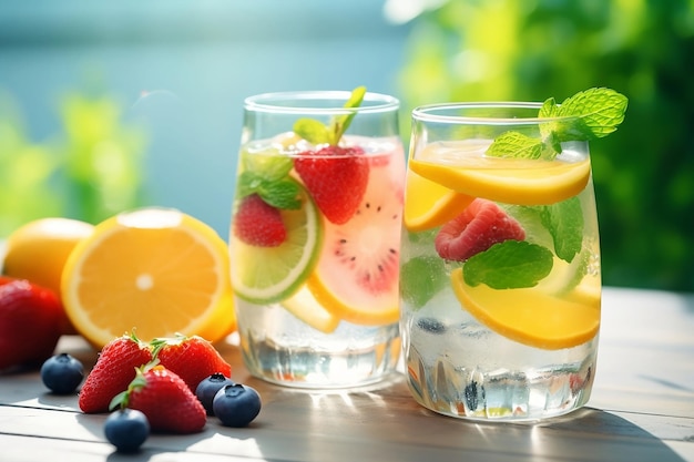 Foto limonade mit früchten in einem transparenten becher