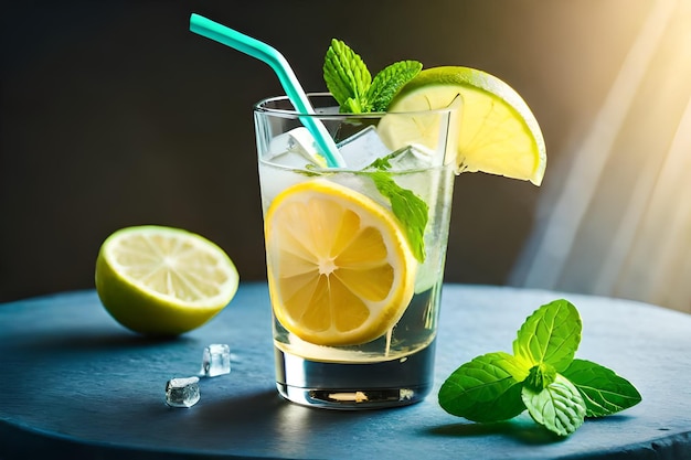 Limonade mit Minzblättern und einem Strohhalm in einem Glas