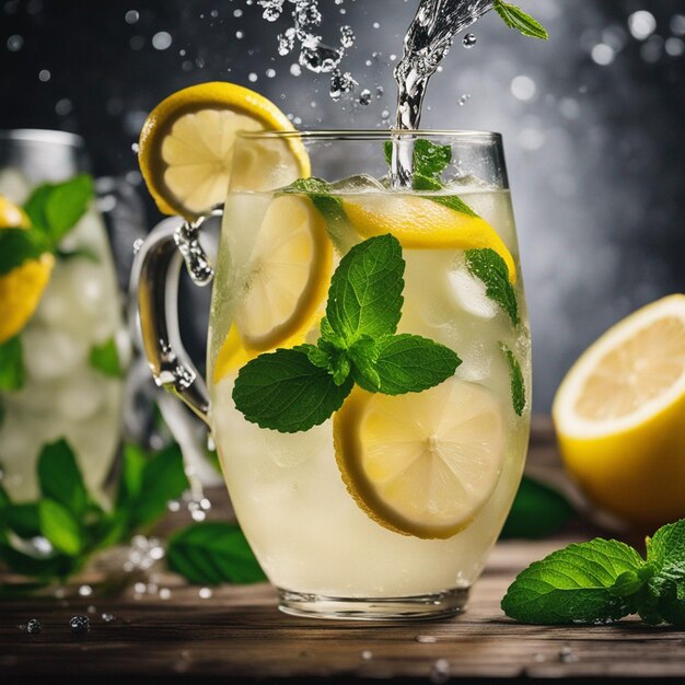 Limonade mit Minze und Zitronen auf den Holztisch spritzen, isoliert auf einem Schwarzen