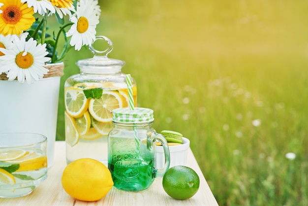 Limonade und Gänseblümchenblumen auf Tisch. Einmachglas Limonade mit Zitronen. Picknick im Freien.