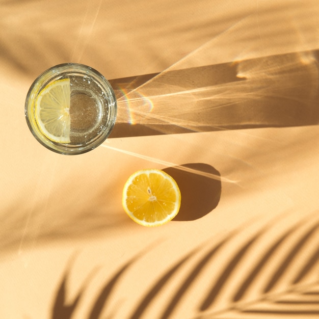 Limonade und Palmenschatten auf beigem Hintergrund mit Schatten