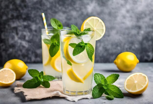 Foto limonade, zitronen und minze stehen auf einem tisch