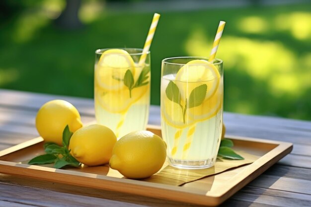 Limonadengläser mit Strohhalmen und Zitronenschnitzen auf einem Picknicktisch, erstellt mit generativer KI