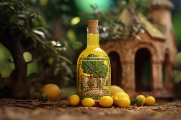 Limoncello-Flasche mit Kork, umgeben von Zitronenbäumen, erstellt mit generativer AI