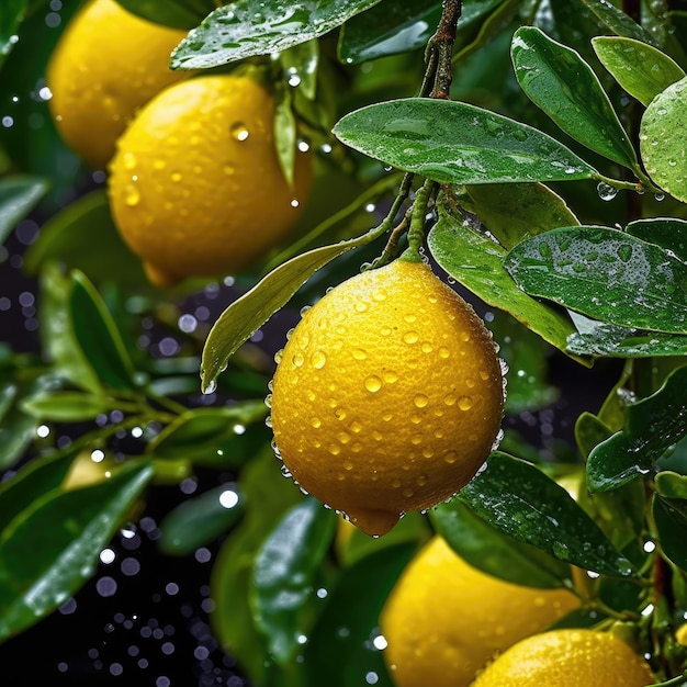 Un limonero con gotas de agua