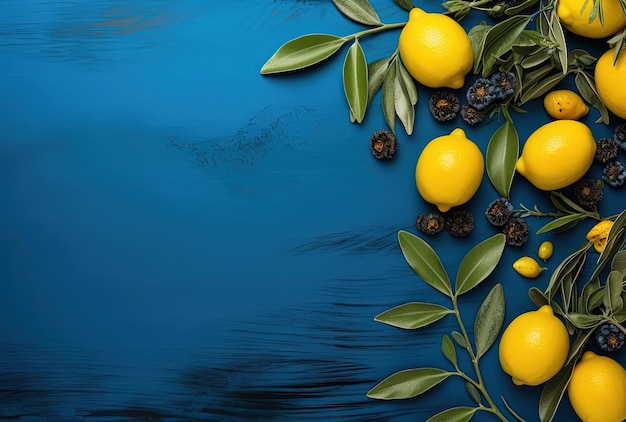 limones aceitunas y ramas sobre un fondo azul