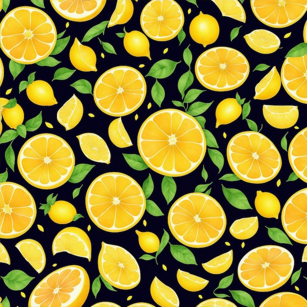 Limones amarillos de cítricos de patrones sin fisuras y hojas sobre fondo oscuro